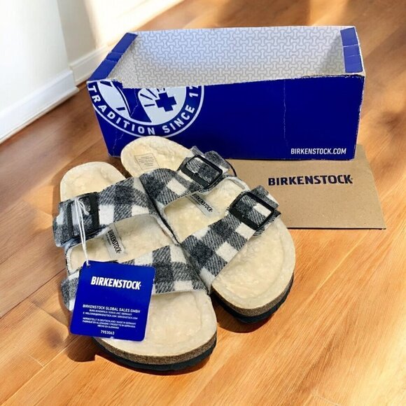 BIRKENSTOCK Arizona Shearling Wool Black & White Plaid Sandal W Sz 9 Narrow NWT - Picture 1 of 15
